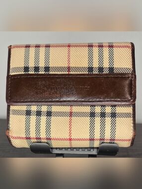 Burberry Nova Check Trifold Wallet Beige Canvas Brown Leather Vintage